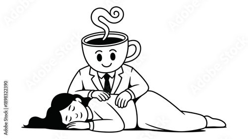 A whimsical coffee cup character in a suit gently comforts a sleeping woman, symbolizing the soothing power of coffee.