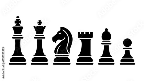 A full set of black chess pieces including king, queen, knight, rook, bishop, and pawn are displayed in a row.