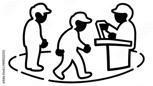 A simple line art illustration depicting a person walking past a counter where another individual is operating a device.