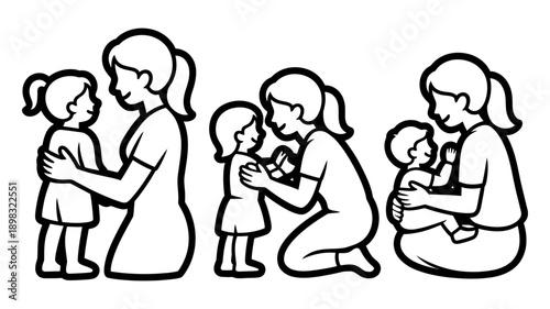 A heartwarming sequence of three illustrations depicting a mother interacting with her young child in different caring poses.