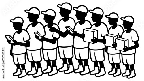 A line of diverse individuals, some using smartphones and others carrying packages, suggests modern consumerism and digital interaction.
