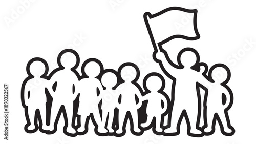A diverse group of stylized individuals stands united behind a leader holding a prominent flag.