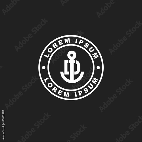Nautical Anchor Logo Design Template with Lorem Ipsum Text in a Circular Badge on Black Background