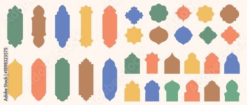 Collection of geometric Islamic frames and arabesque arch silhouettes forming a decorative seamless pattern with pastel colors for cultural design resource.