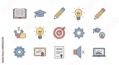 Education and Success Icons: Book, Graduation Cap, Lightbulb, Target, Gear, Laptop