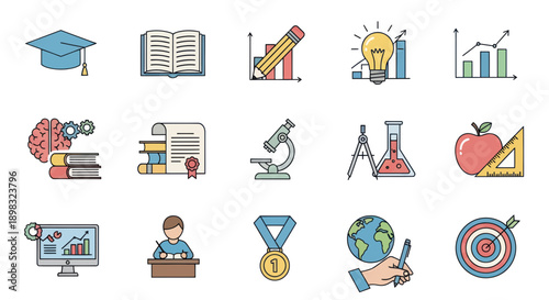 Education Icons Set: Graduation Cap, Book, Brain, Microscope, Globe, Apple, Target