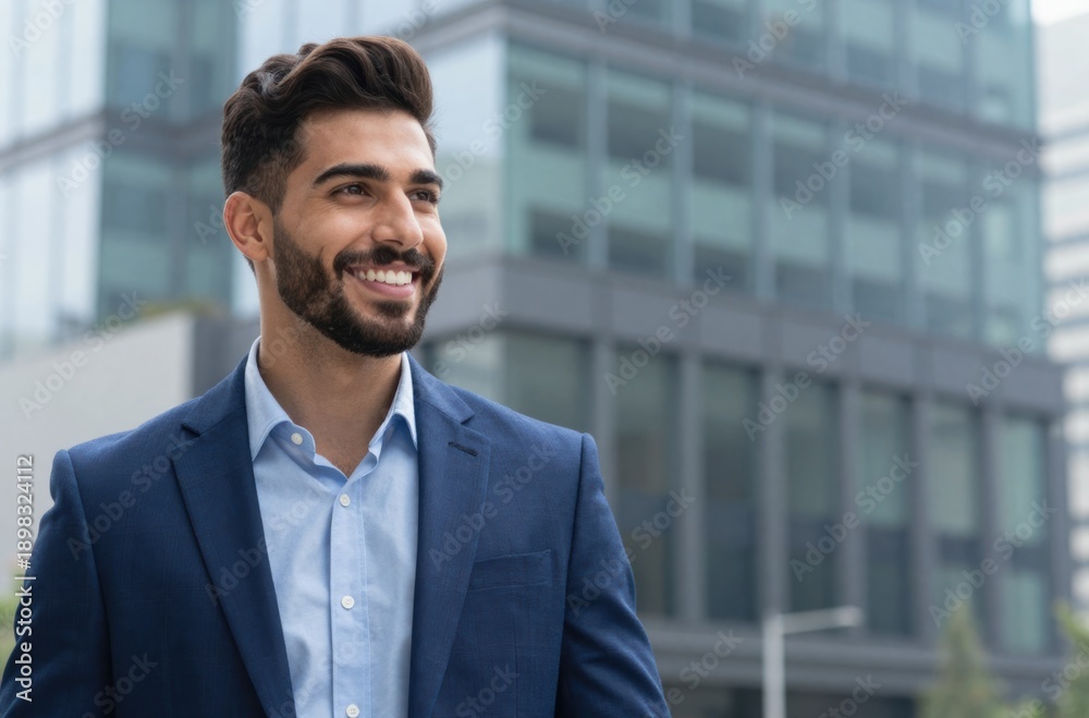 Fototapeta premium Confident Young Businessman in Suit Smiling Outdoors Against Modern Office Building Backdrop, Urban Professional