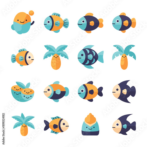 Cute Cartoon Fish and Palm Trees