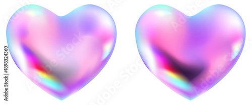 PNG 3D pastel holographic hearts with soft lens flare and light refraction effect, iridescent rainbow prism glow on transparent isolated background with diamond sparkle texture.