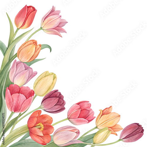 Tulip watercolor floral corner illustration on transparent background. Spring flower png.