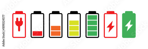 Battery icon set. Charging level indicators, low to full power energy symbols and lightning bolt sign. Vector illustration isolated on white background.