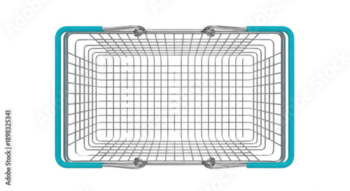 Empty metal wire shopping basket with turquoise handles, top view, isolated PNG with Transparent Background