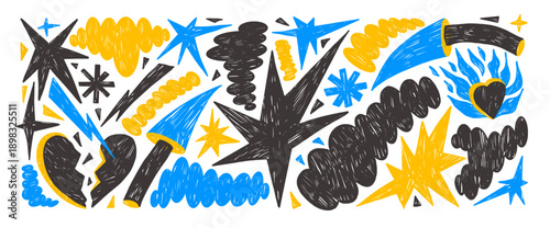 Crayon geometric shapes, abstract irregular figures. Charcoal arrow, freeform bob elements, stars and broken heart form. Scribble shape. Vector design brush set isolated on transparent background.