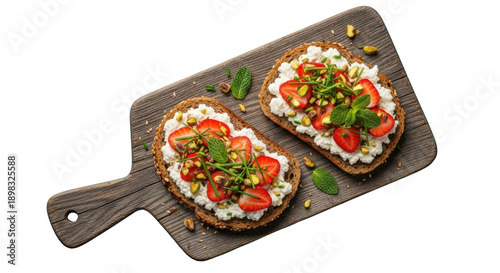 Strawberry ricotta toast with pistachios and mint on a dark wooden cutting board, top view, isolated PNG with Transparent Background