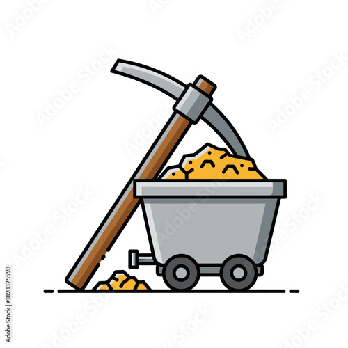 Mining Cart Filled with Gold Ore and Pickaxe