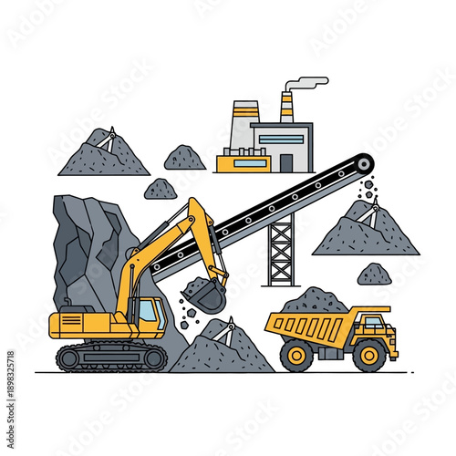 Excavator loading coal into dump truck at mine with conveyor belt and factory