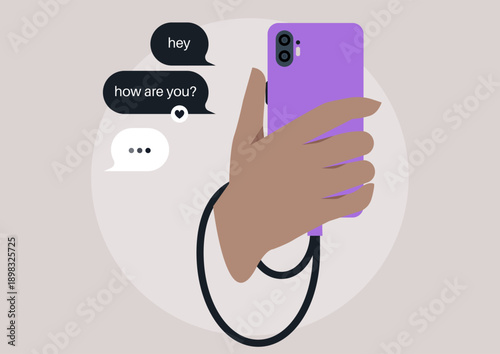 A hand grips a smartphone, fingers poised to respond to messages, Text bubbles pop up with casual greetings, capturing a moment of connection in a relaxed atmosphere