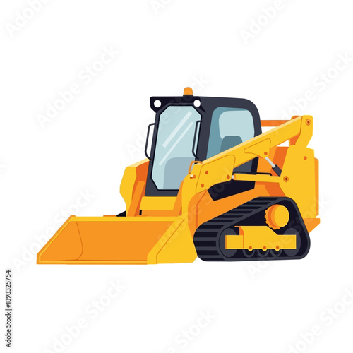Yellow compact tracked loader with front bucket on white background