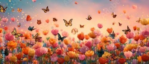 Butterflies dancing over a colorful flower field at sunrise nature scene vibrant environment serene viewpoint