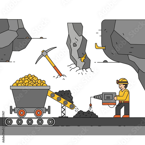 Miner with Drill and Cart Extracting Gold Ore in Mine Tunnel, Industrial Mining