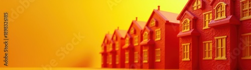 Many red houses with white windows on a yellow background real estate banner copy space