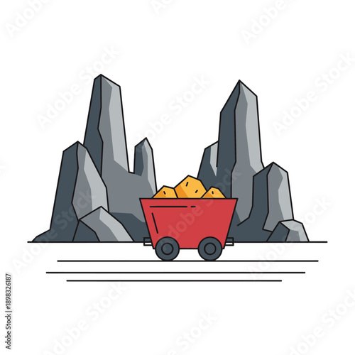 Mining cart full of gold nuggets in front of rocky mountain landscape