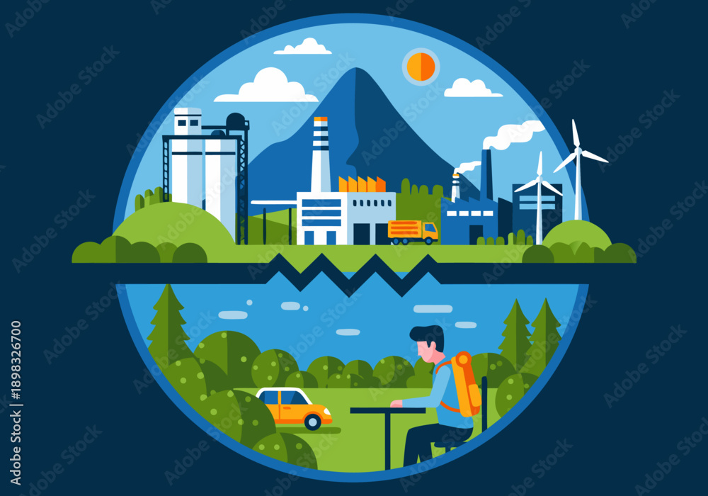 Naklejka premium Sustainable future vector illustration. Dynamic design contrasting industry and nature, showcasing clean energy, modern life, and ecological balance concepts