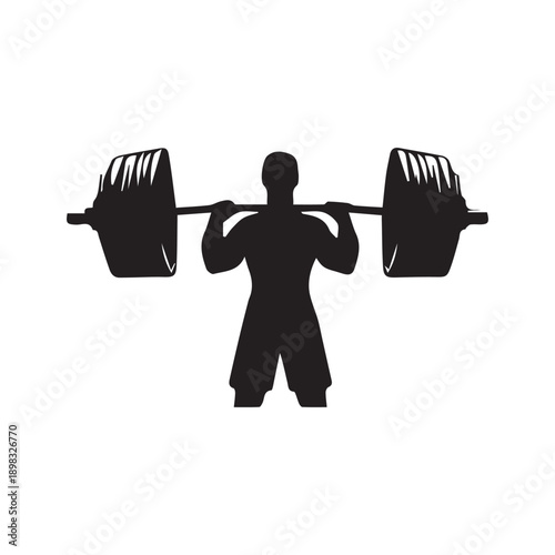 Weightlifter silhouette lifting heavy barbell on shoulders isolated on white background, strength training concept