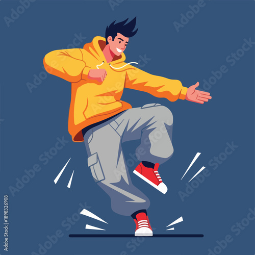 A vector illustration depicts a young man in motion, mid-dance pose