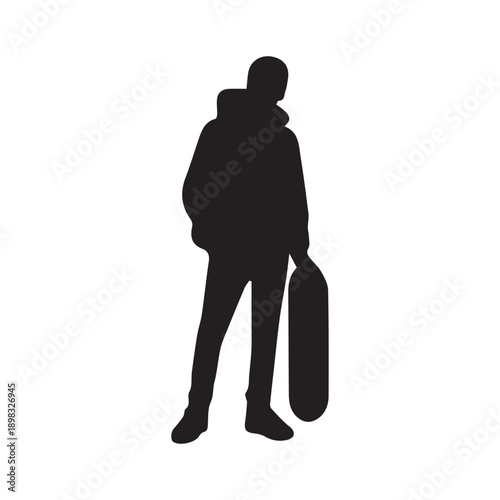 Skateboarder silhouette holding skateboard isolated on white background, urban sport lifestyle concept