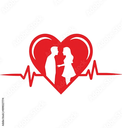 Couple silhouetted within a red heart shaped like an electrocardiogram