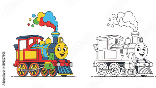 Cute cartoon steam train vector illustration. Educational coloring book page for kids with colored example and black and white outline. Locomotive character with colorful smoke.