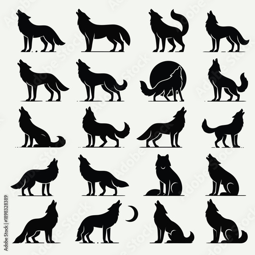A collection of minimalist black silhouettes depicting wolves in various poses and orientations