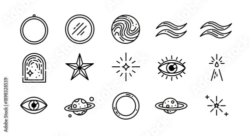 Black line icons of celestial objects.