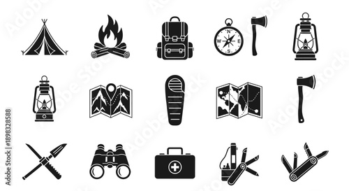 Camping gear and outdoor equipment icons.