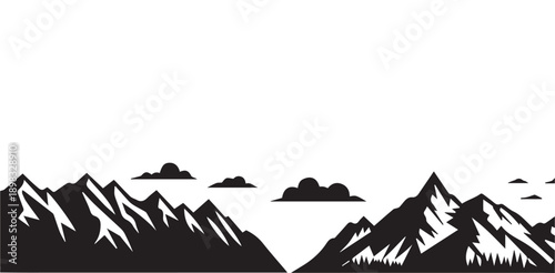 Vector mountain range silhouette with clouds in clean graphic style scenic outdoor panorama