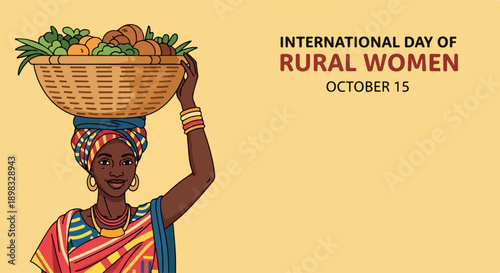 International Day of Rural Women art, woman carrying produce. Attire symbolizes community, honoring International Day of Rural Women. Ads for campaigns promoting International Day of Rural Women.