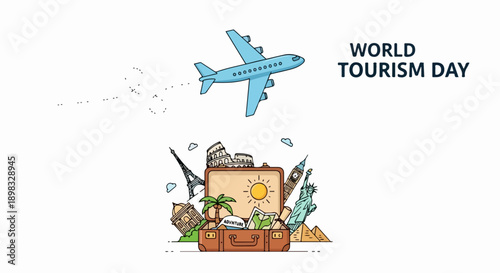 Illustration World Tourism Day, airplane flying above open suitcase displaying famous global landmarks. Luggage packed with travel essentials,