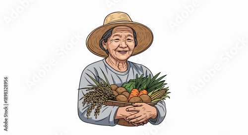 Happy farmer woman in straw hat holds basket full of fresh vegetables and fruits. Cheerful farmer woman showcases organic harvest including potatoes, carrots, and corn.
