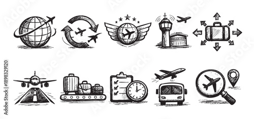 Hand-drawn icons depicting air travel themes, including airplanes, luggage, globe, and airport elements. Suitable for illustrating blog posts, brochures, presentations, and more.