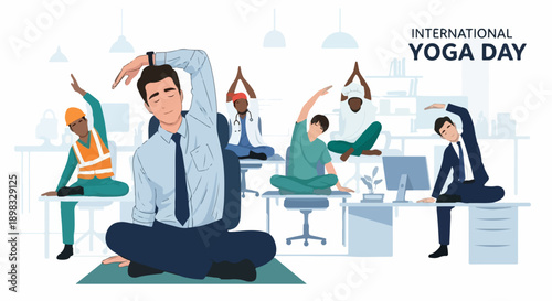 Multicultural employees observe International Yoga Day with diverse stretching poses in contemporary office. Various professionals participate in group yoga session for health,