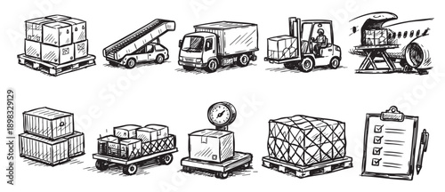 Hand drawn sketch illustrations set of various delivery, logistics and transportation icons. Perfect for infographic, website design, and presentation materials about shipping.