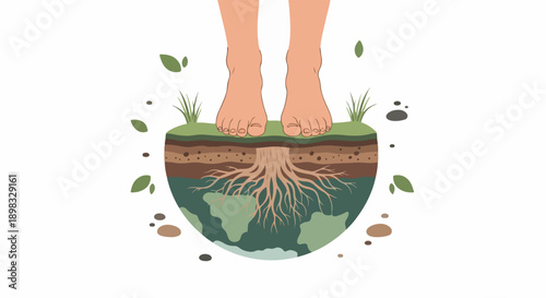 Bare feet standing on green earth, illustrating deep Earth connection with roots extending into globe. Soil layers, grass, stones signify vital ecosystem. Earth connection promotes grounding,