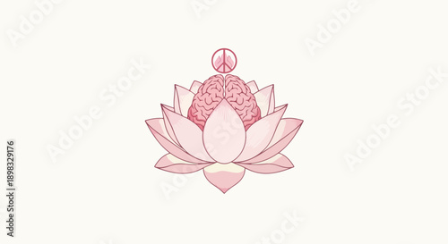 Pink lotus flower illustrates inner peace, featuring human brain and peace symbol atop, promoting mental well being and spiritual balance. Concept inner peace ideal for mindfulness, meditation,