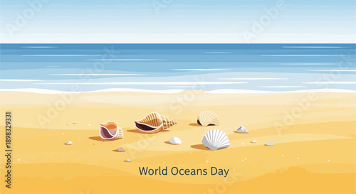 World Oceans Day message on golden sandy beach with scattered seashells and calm blue ocean water. World Oceans Day concept highlights marine conservation, environmental protection,