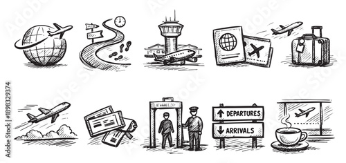 Hand-drawn style sketch illustration featuring common travel and airport related icons. Includes a globe, airplane, passport, baggage, and terminal security. Suitable for travel blogs or websites.