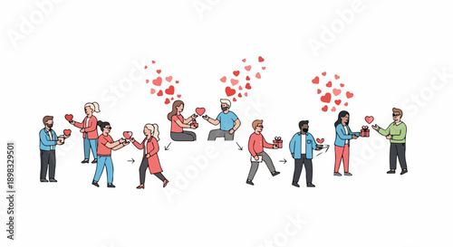 Diverse people giving hearts illustration, symbolizing compassion. Characters show mutual exchange, fostering community, people giving hearts freely.
