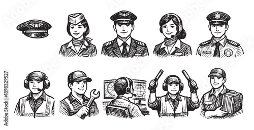 Hand-drawn style illustration showcasing diverse airport personnel, including pilots, flight attendants, mechanics, and air traffic controllers. Ideal for travel, aviation, or transportation designs.