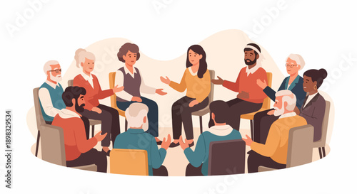 Diverse support group gathered in a circle, engaged in discussion. Participants include multi ethnic men, women, various ages, actively listening, sharing. Concept support group for mental health,