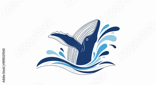Blue whale jumping water, creating dynamic splashes and energetic waves. Majestic ocean mammal whale jumping water, illustrating powerful marine life motion.